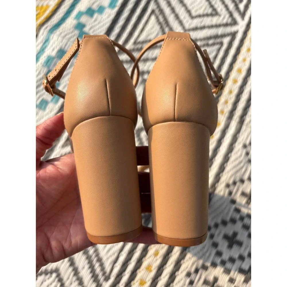 Birdy Grey Tan Ankle Strap Block Heel Sandals Womens 7.5 Neutral Wedding Guest